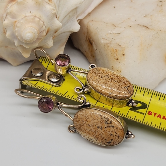 Genuine Jasper /Amethiste Stones Silver 925 Earrings - Picture 5 of 6